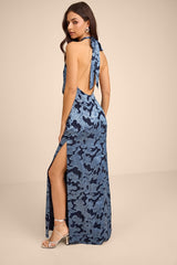 Indra Navy Floral Burnout Backless Maxi Dress