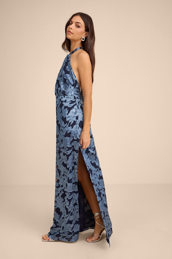 Indra Navy Floral Burnout Backless Maxi Dress