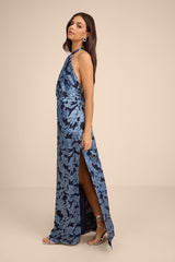 Indra Navy Floral Burnout Backless Maxi Dress