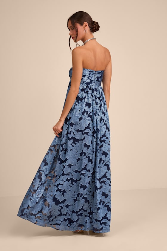 Danalia Navy Floral Burnout Strapless Maxi Dress
