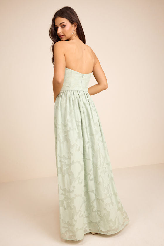 Kalila Sage Floral Burnout Strapless Maxi Dress