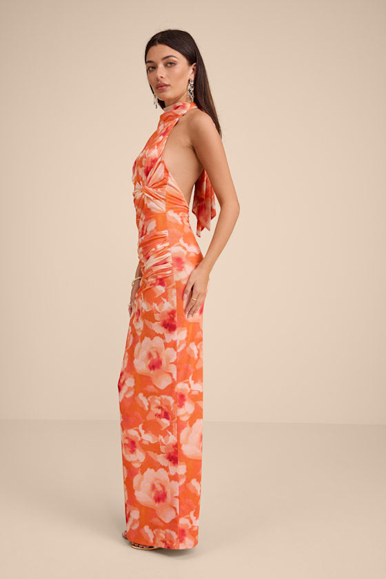 Frona Orange Floral Mesh Backless Maxi Dress