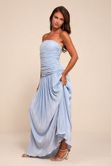 Reeva Light Blue Plisse Drop Waist Maxi Dress