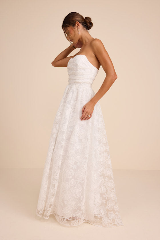 Roslyn White Embroidered Strapless Bustier Maxi Dress