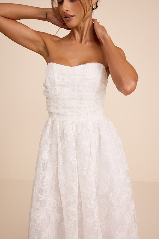 Roslyn White Embroidered Strapless Bustier Maxi Dress