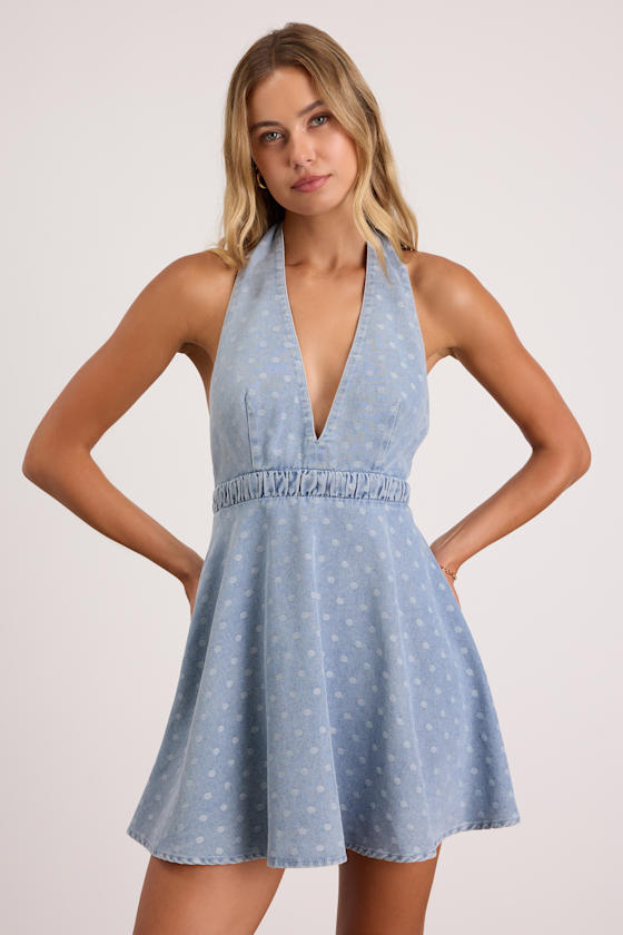 Neese Light Wash Polka Dot Denim Mini Dress