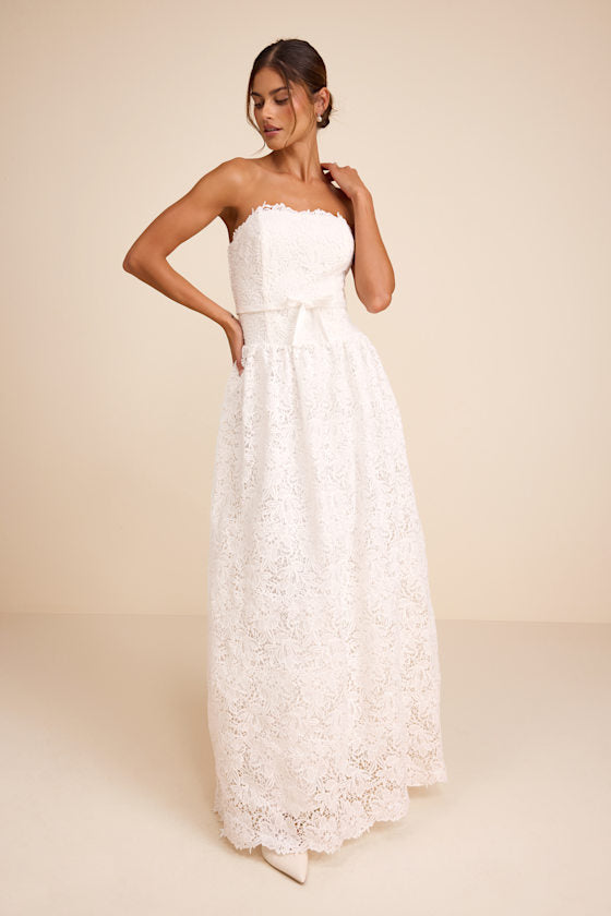 Gabby White Crochet Lace Strapless Maxi Dress