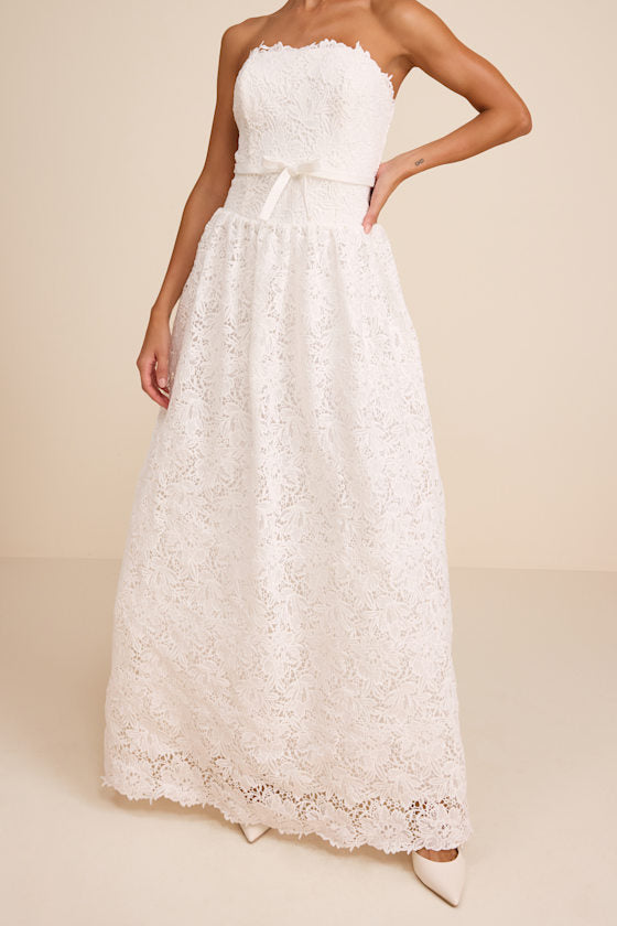 Gabby White Crochet Lace Strapless Maxi Dress