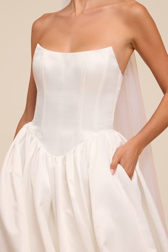 Jade White Satin Bustier Lace-Up Maxi Dress
