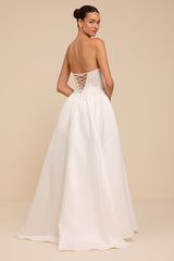 Jade White Satin Bustier Lace-Up Maxi Dress