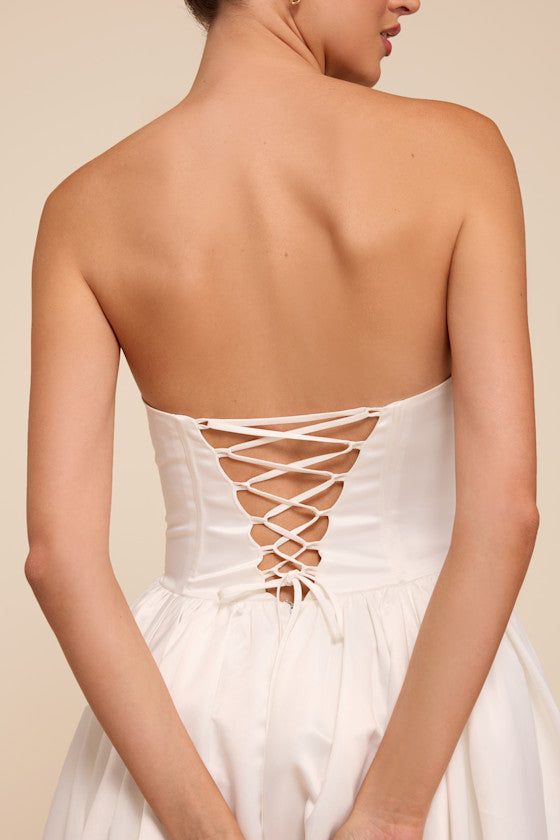 Jade White Satin Bustier Lace-Up Maxi Dress
