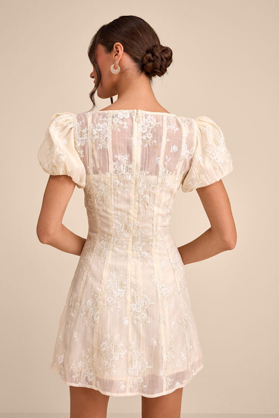 Elfrieda Cream Embroidered Puff Sleeve Mini Dress