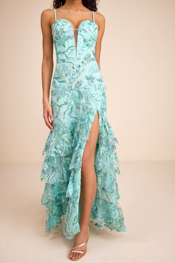 Angele Mint Blue Sequin Embroidered Tiered Maxi Dress