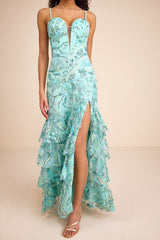 Angele Mint Blue Sequin Embroidered Tiered Maxi Dress