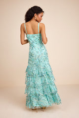 Angele Mint Blue Sequin Embroidered Tiered Maxi Dress
