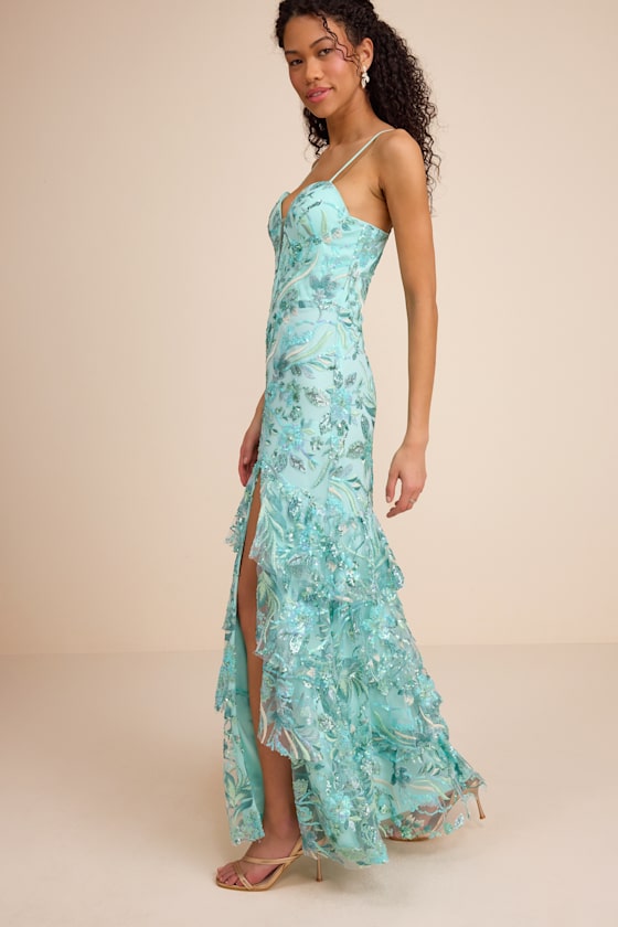 Angele Mint Blue Sequin Embroidered Tiered Maxi Dress