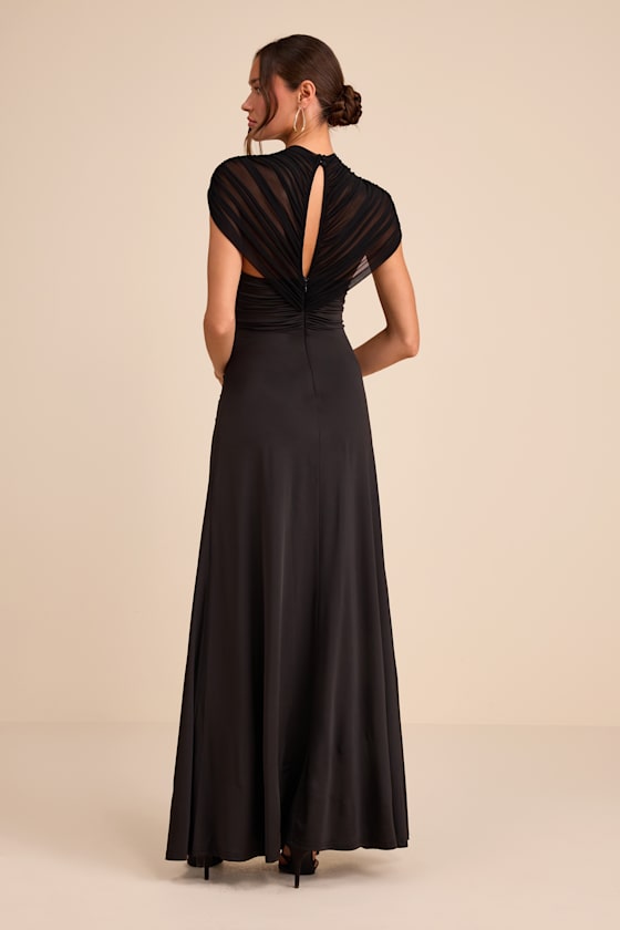 Murielle Black Mesh Ruched Maxi Dress