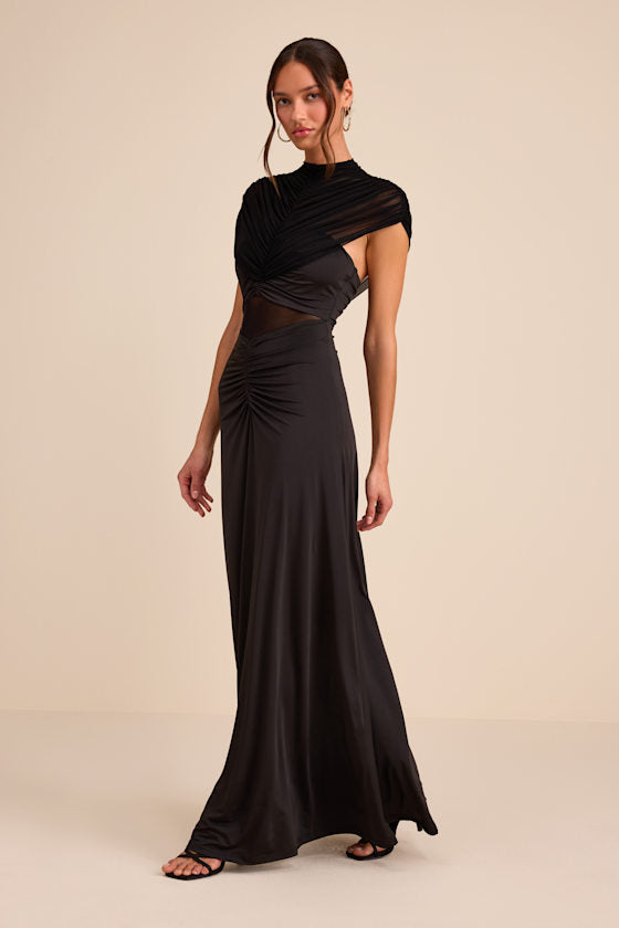 Murielle Black Mesh Ruched Maxi Dress