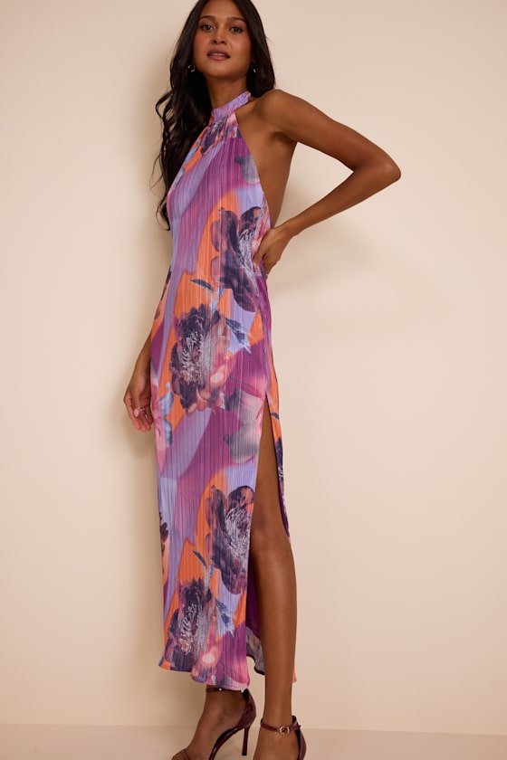 Luala Purple Multi Print Plisse Backless Maxi Dress