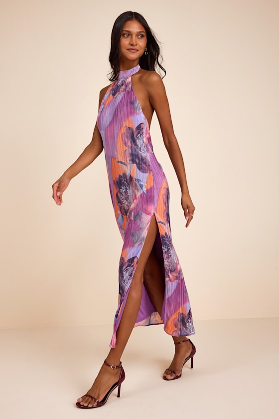 Luala Purple Multi Print Plisse Backless Maxi Dress