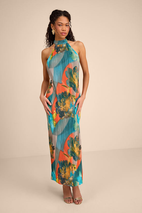 Luala Turquoise Multi Print Plisse Backless Maxi Dress