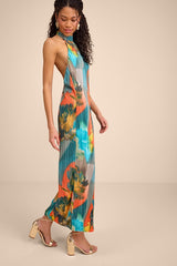 Luala Turquoise Multi Print Plisse Backless Maxi Dress