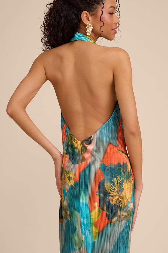 Luala Turquoise Multi Print Plisse Backless Maxi Dress