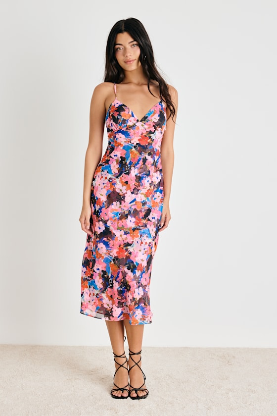 Tisa Pink Multi Floral Slip Midi Dress