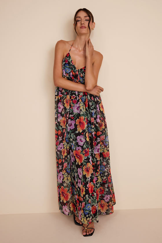 Ardelia Black Multi Floral Backless Shift Maxi Dress