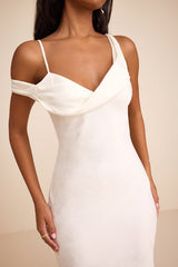 Cavani White Satin Asymmetrical Midi Dress