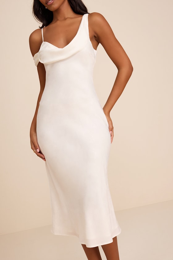 Cavani White Satin Asymmetrical Midi Dress