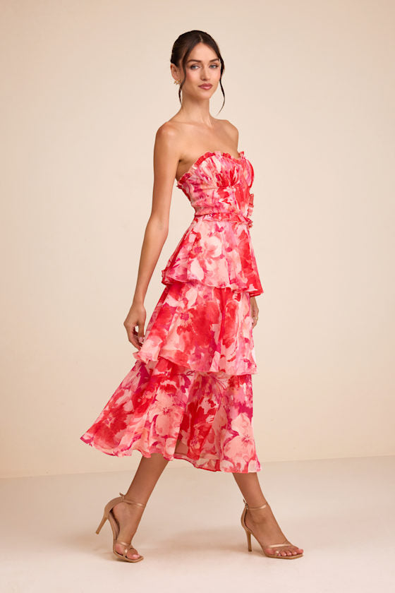 Vaya Red Multi Floral Tiered Midi Dress