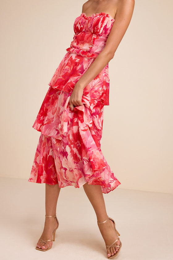 Vaya Red Multi Floral Tiered Midi Dress