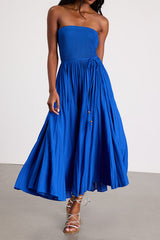 Altana Blue Pleated Strapless Midi Dress