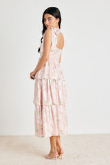 Baina Blush Floral Jacquard Tiered Midi Dress
