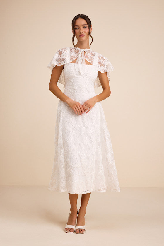 Nikola White Lace Sequin Cape Midi Dress