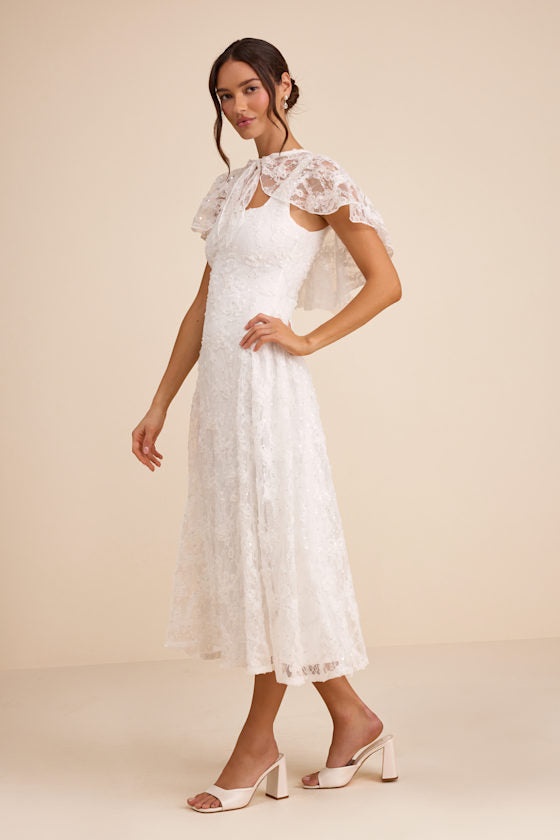 Nikola White Lace Sequin Cape Midi Dress