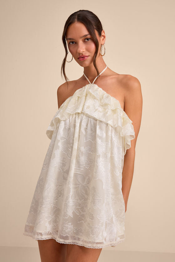 Erika Ivory Floral Burnout Halter Mini Dress