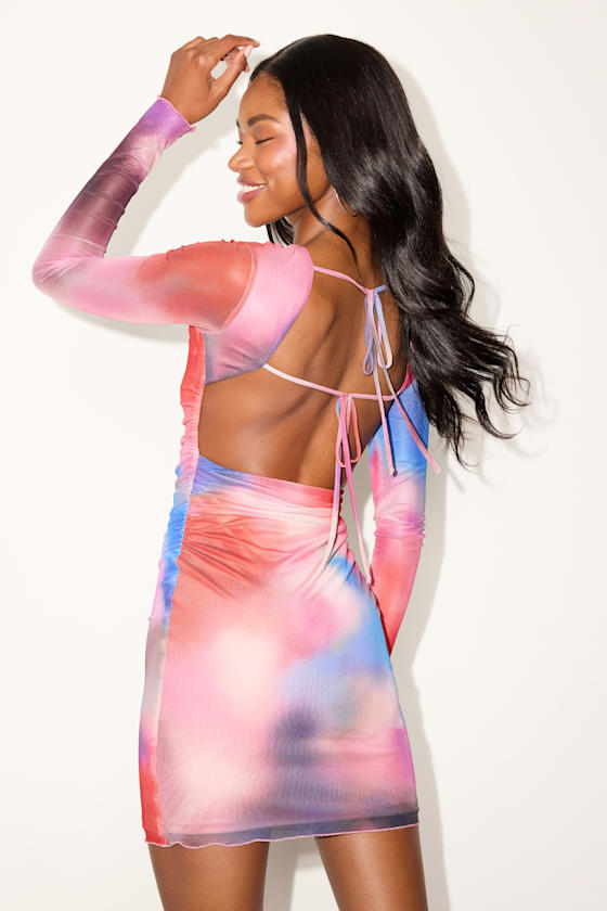 Andaya Pink Multi Abstract Mesh Backless Mini Dress