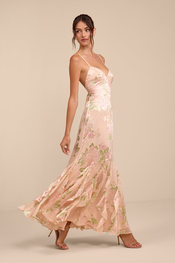 Deluca Floral Burnout Sleeveless Ruffled Maxi Dress