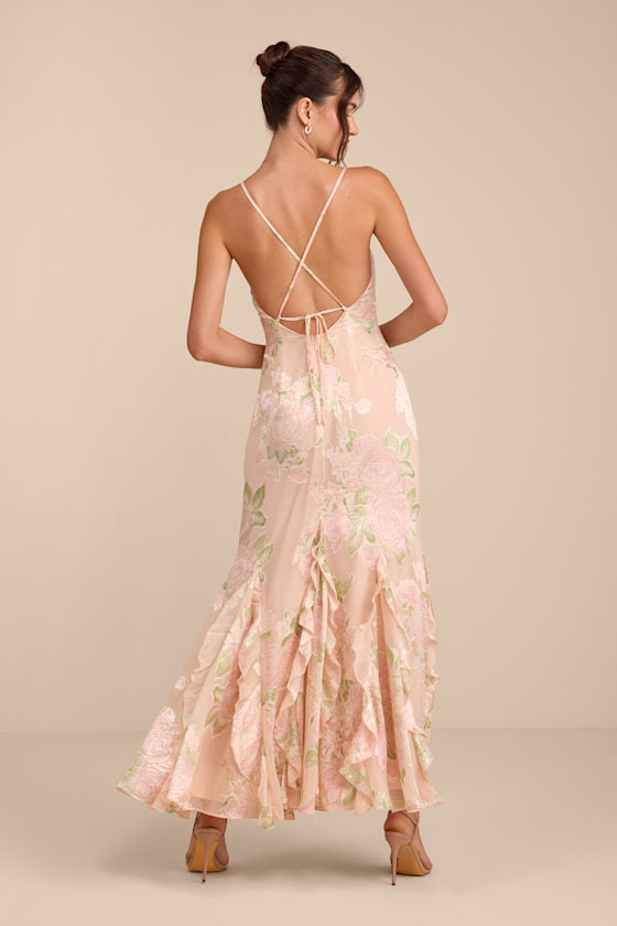 Deluca Floral Burnout Sleeveless Ruffled Maxi Dress