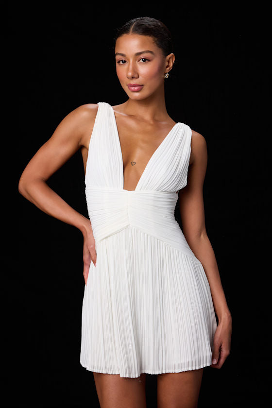 Rhea White Pleated Skater Mini Dress