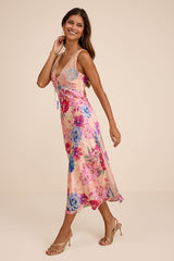 Jaylene Blush Multi Floral Lace Tie-Front Midi Dress