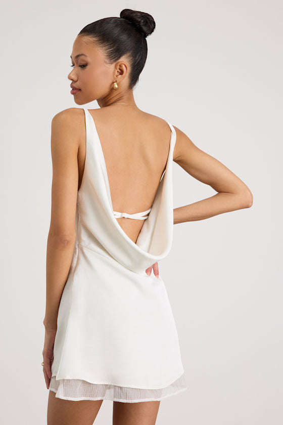 Dandria White Satin Cowl Back Mini Dress