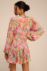 Dalila Sage Multi Floral Pleated Shift Mini Dress