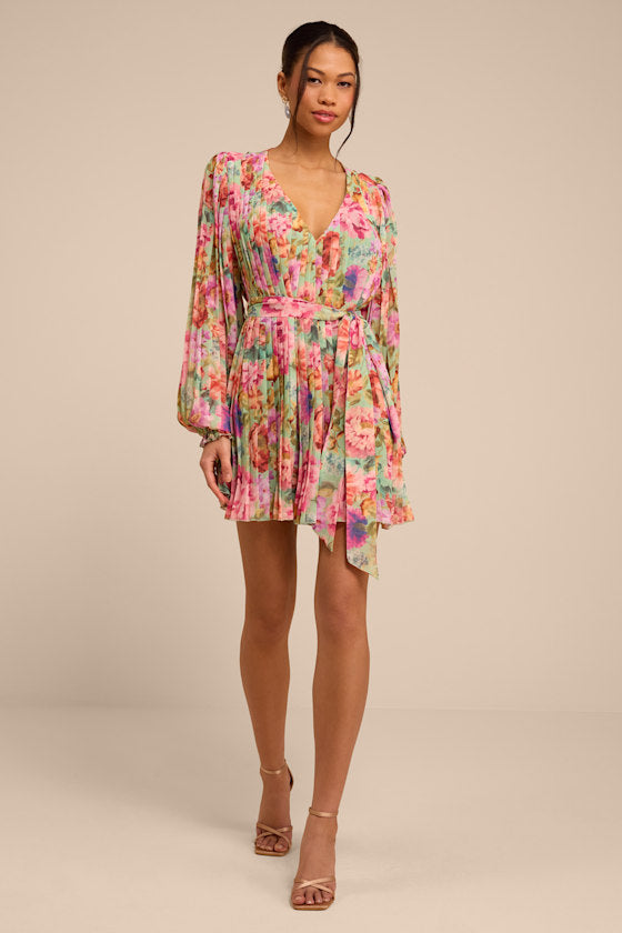 Dalila Sage Multi Floral Pleated Shift Mini Dress