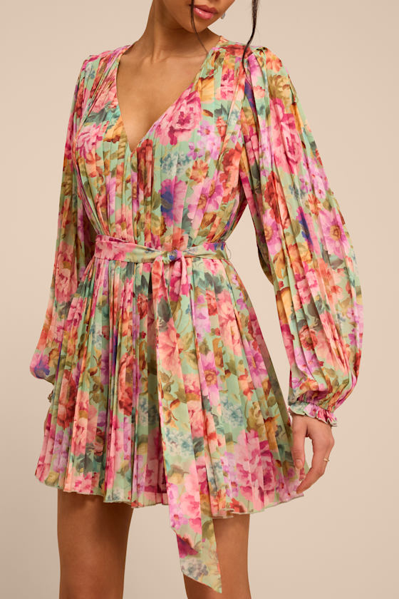 Dalila Sage Multi Floral Pleated Shift Mini Dress