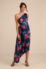 Mariella Navy Multi Floral Satin Pleated Midi Dress