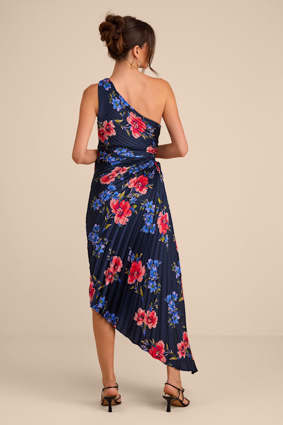Mariella Navy Multi Floral Satin Pleated Midi Dress