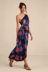 Mariella Navy Multi Floral Satin Pleated Midi Dress